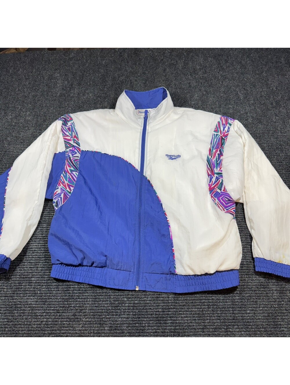 Vintage Reebok 90s Windbreaker Jacket Colorblock Geometric Print Blue White L